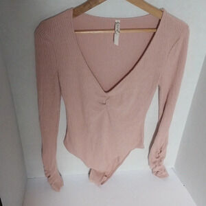 Free People Intimately Long Sleeve Low Cut Ribbed Rusched Bodysuit Size M